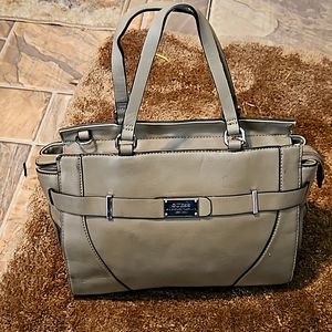 Vtg Guess satchel double handled Purse khaki Gray Vegan Leather 12x10x4 90s EUC